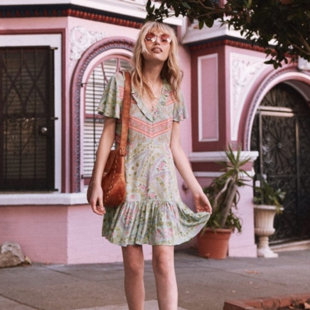 Spell And The Gypsy Paisley Print Ruffle Mini Dress Boho Chic Green Small - Picture 2 of 8